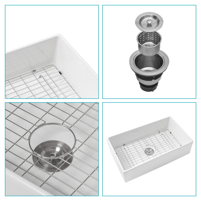 33" Undermount Sink With Apron Front, Single Bowl, Grid - White