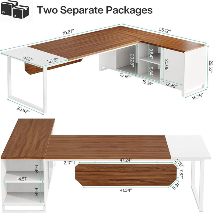 L-Shaped Executive Desk With File Cabinet, Large Workspace For Home Office - White / Walnut