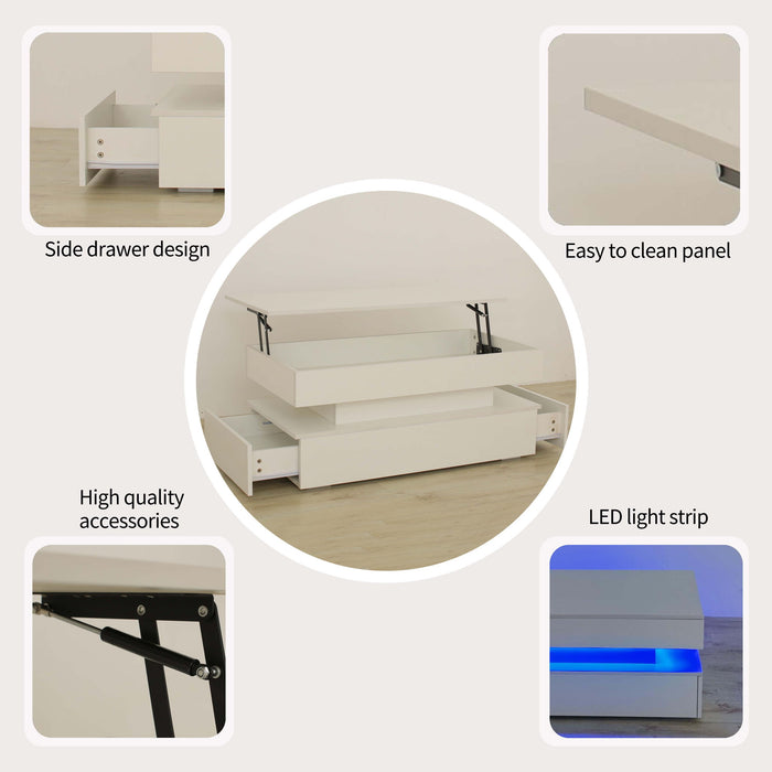 Contemporary Foldable Coffee Table With Drawers And LED, 3 Tier Design