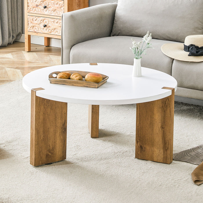 Minimalist Circular Coffee Table With Embedded Leg Design - White / Wood