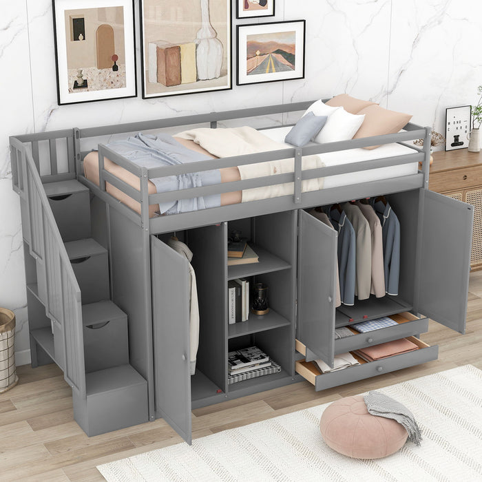 Loft Bed With 3 Shelves, 2 Wardrobes, 2 Drawers, Ladder Storage