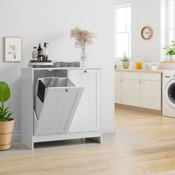 Tilted Laundry Hamper With Removable Basket, Hidden Laundry Hamper, Bathroom Storage Cabinet, Free Standing Organizer - White