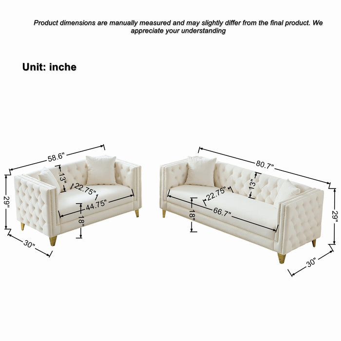 3 And 2 Seater Deep Seat Sofa With Button Nailhead, Square Arm Couches, Furniture For Living Room - Beige