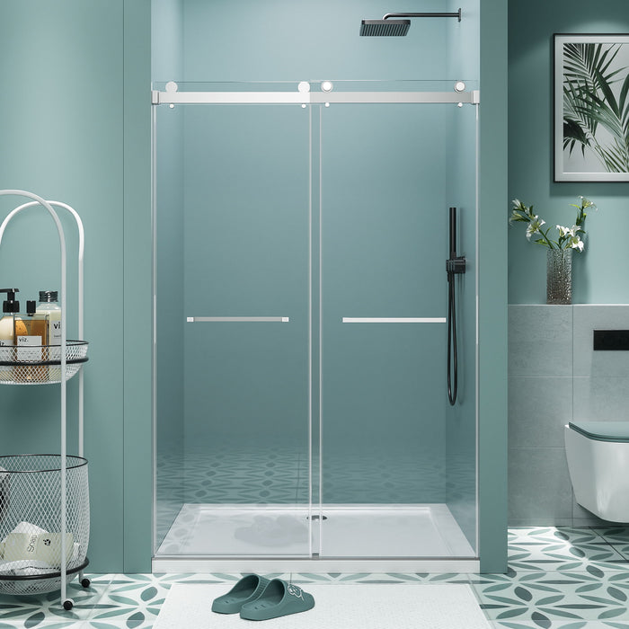 Frameless Double Sliding Soft Close Bathtub Shower Door, 5 / 16" Clear Nano Coated Tempered Glass And 304 Stainless Steel Handle - Brushed Nickel