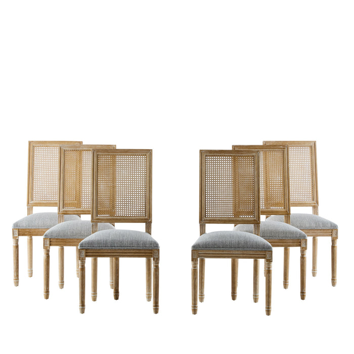 French Country Dining Chair With Rectangular Cane Backrest And Smooth Upholstered Seating