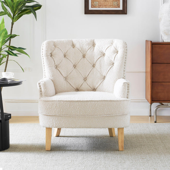 Vintage Style Club Chair, Granular Plush Fabric, Rubber Wood Legs - Almond