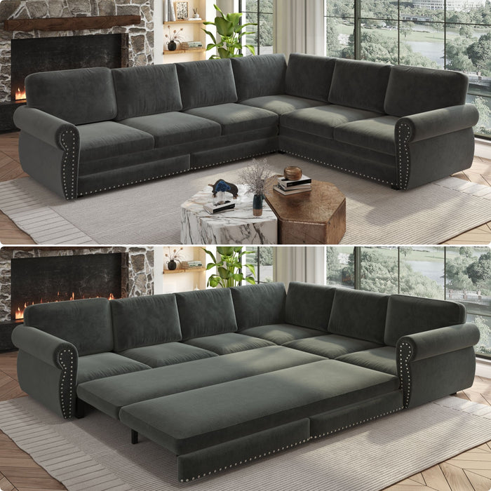 L-Shaped Sofa Couch With Pull Out Bed With Nailhead Trim & Rolled Arm