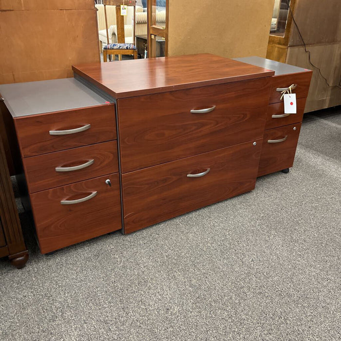 Set of 3 Bush Red & Gray File Cabinets