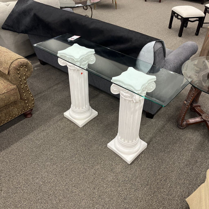 Glass Top Entry Table White Pedestals