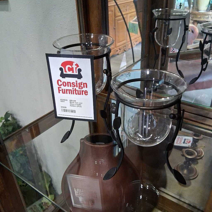 Black Iron and Glass Candle Holders (Pair)