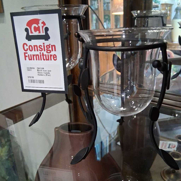 Black Iron and Glass Candle Holders (Pair)