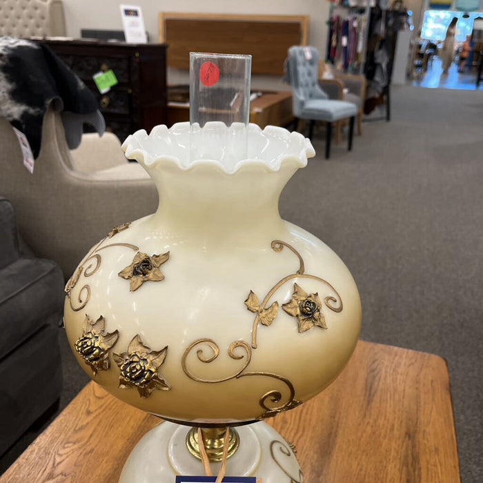 Beige & Gold Floral Hurricane Lamp