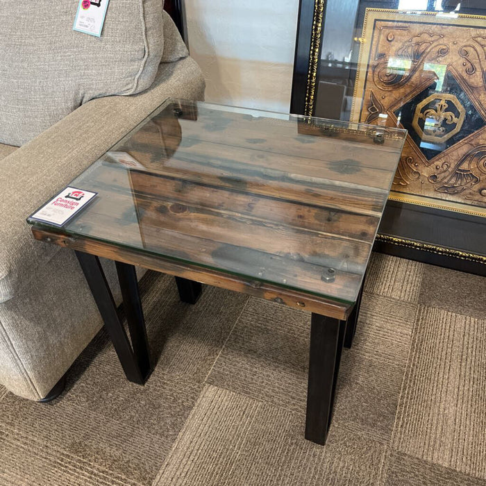 Rustic End Table w/ Glass Top