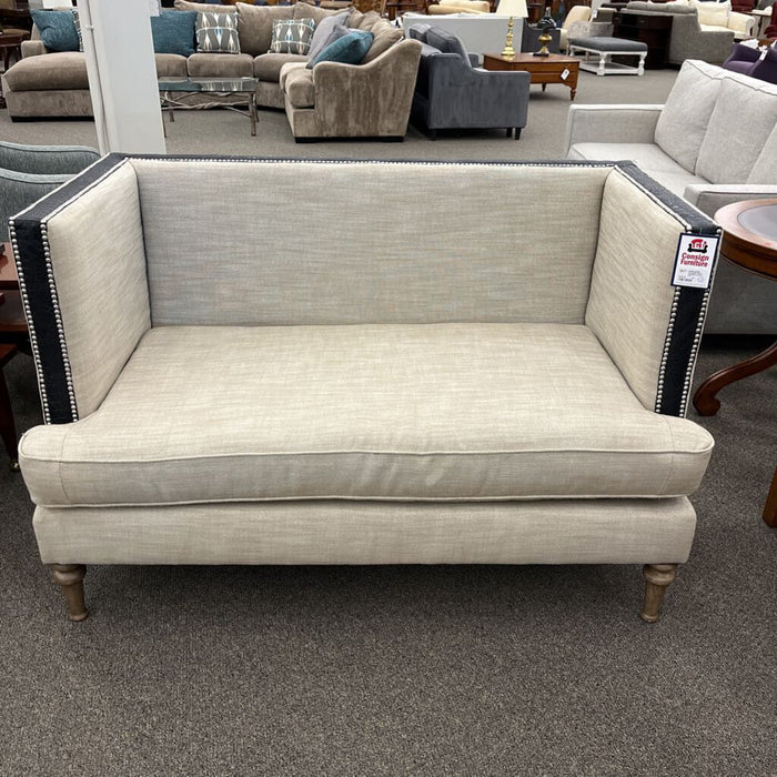 Tan Fabric Settee w/ Black Leather