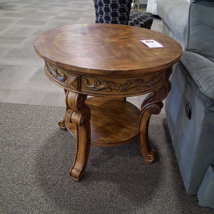 Round Carved Wood End Table