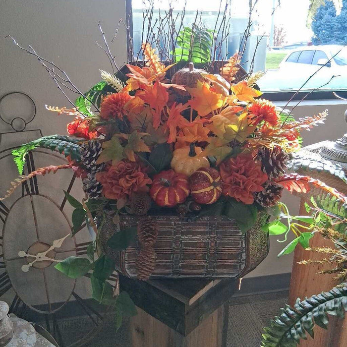 Fall Floral in Rattan Lidded Vessel