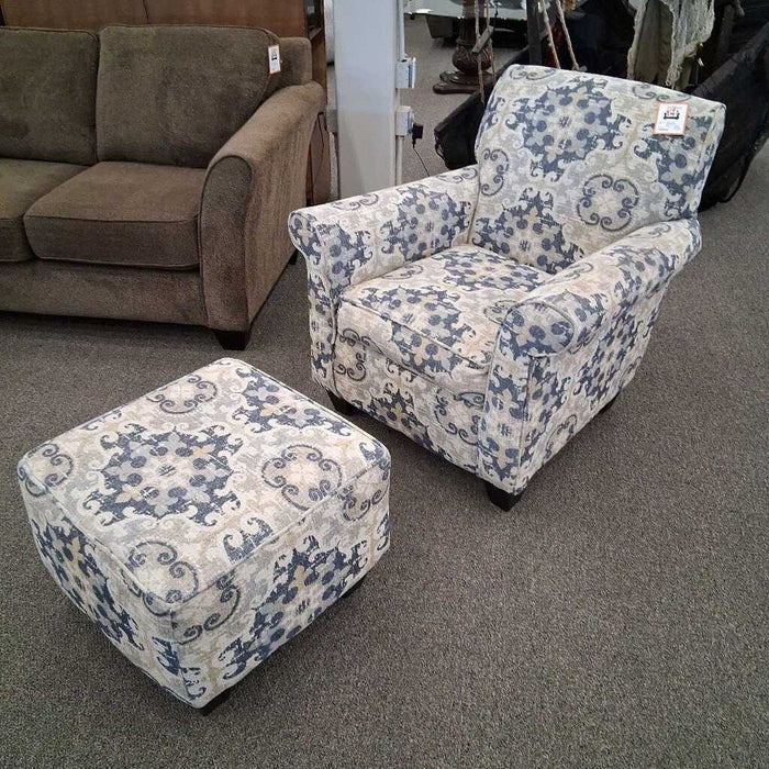 Blue & White Chair w/ Ottoman