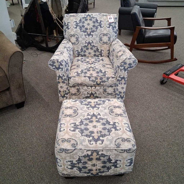 Blue & White Chair w/ Ottoman