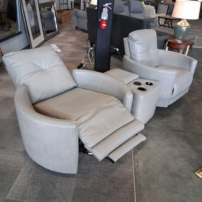 3pc. Set Gray Leather Swivels w/ Console