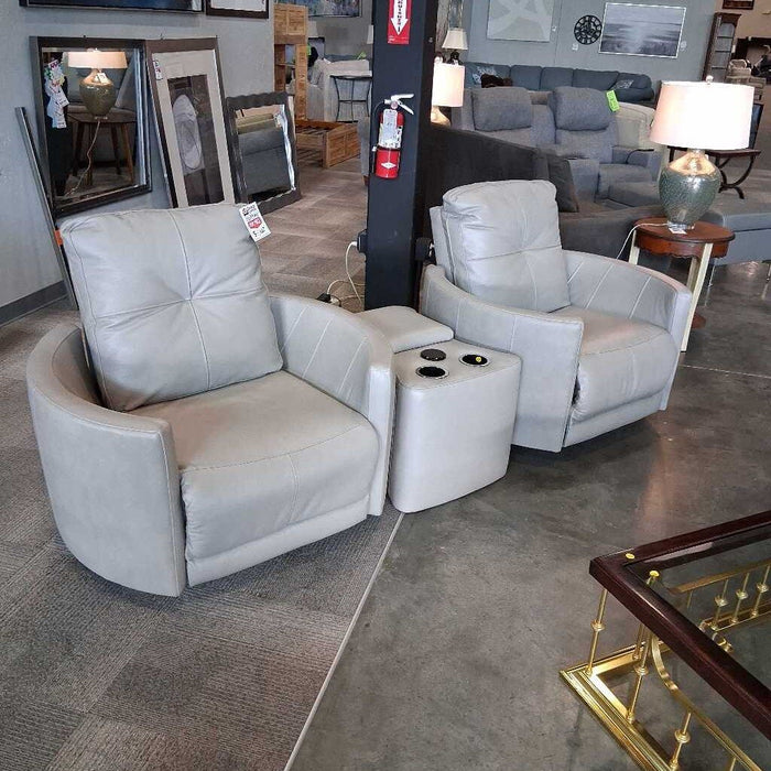 3pc. Set Gray Leather Swivels w/ Console