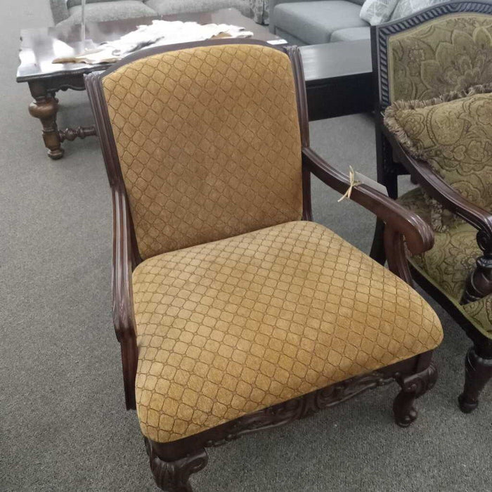 Tan Fabric Wood Arm Chair