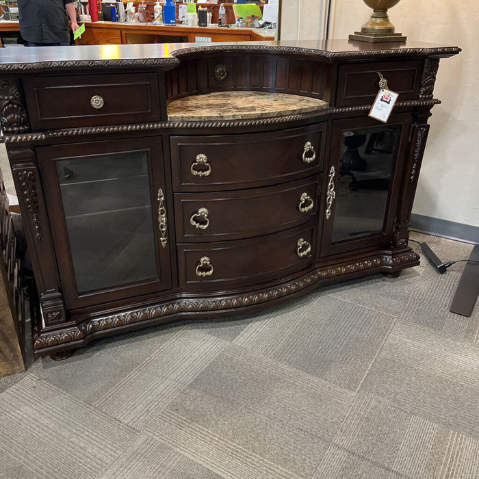 Dark Wood Carved Buffet w/ Marble