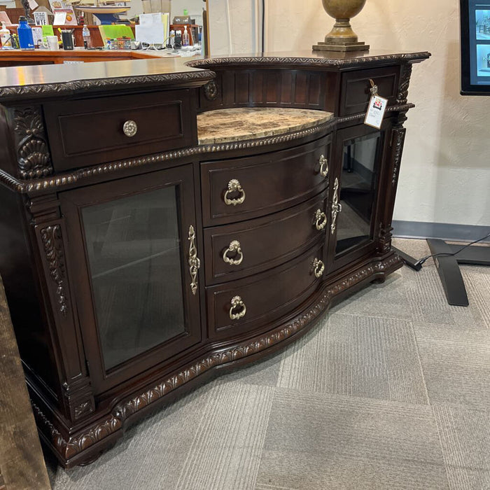 Dark Wood Carved Buffet w/ Marble