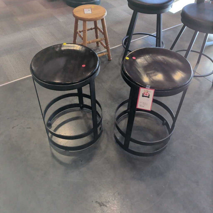 Pair of Black Iron & Dark Oak Stools