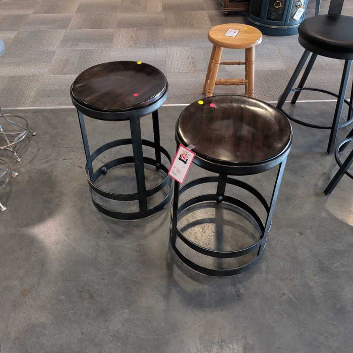 Pair of Black Iron & Dark Oak Stools
