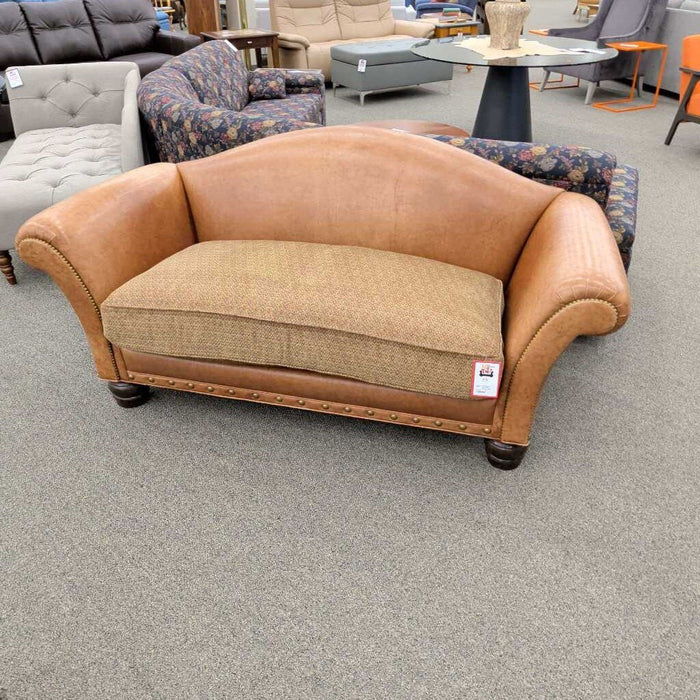 Tan Leather Loveseat w/ Pattern Cushion