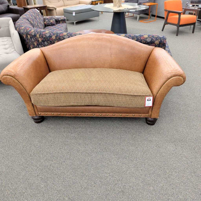 Tan Leather Loveseat w/ Pattern Cushion