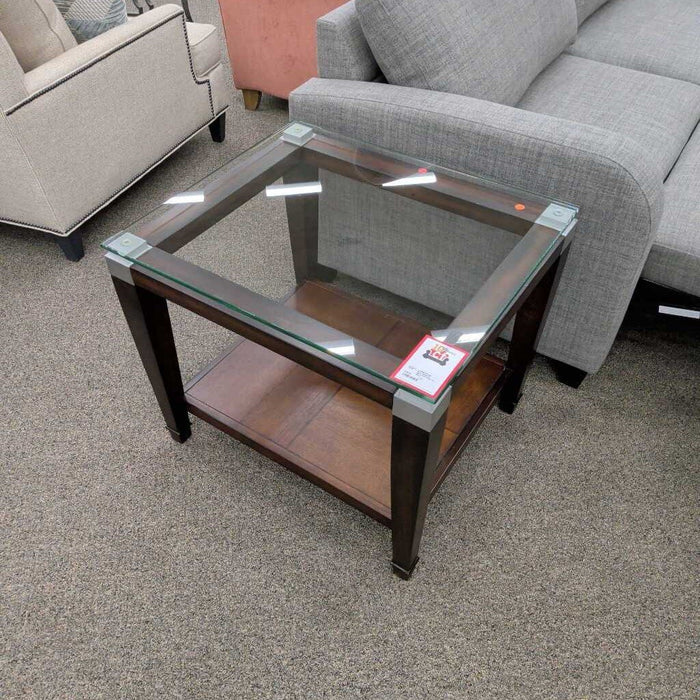 Dark Wood & Silver End Table w/ Glass