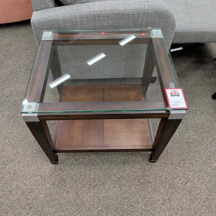 Dark Wood & Silver End Table w/ Glass