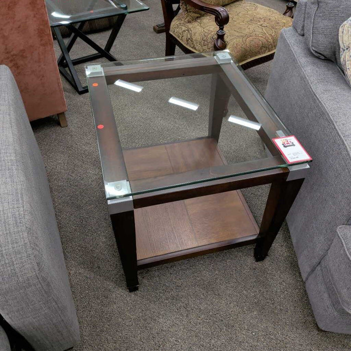 Dark Wood & Silver End Table w/ Glass