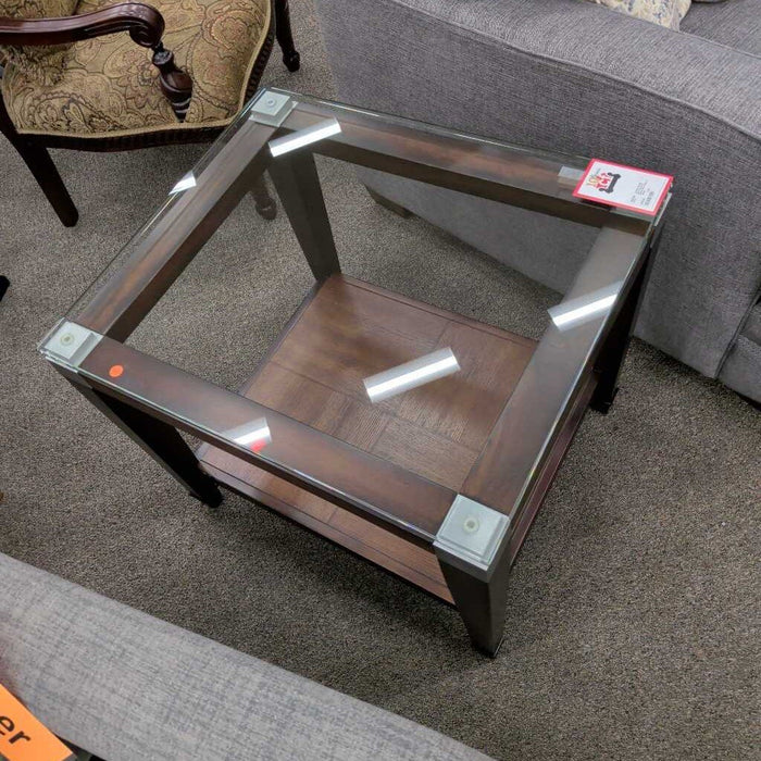 Dark Wood & Silver End Table w/ Glass
