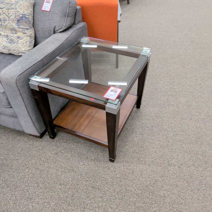 Dark Wood & Silver End Table w/ Glass