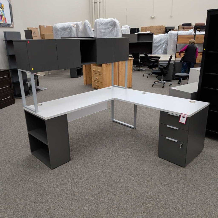 White & Gray L-Desk w/ Hutch
