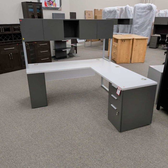 White & Gray L-Desk w/ Hutch