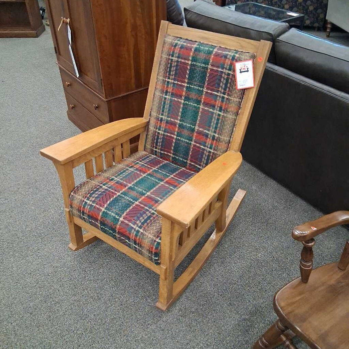 Mission Oak Rocking Chair w/ Plaid Uph.