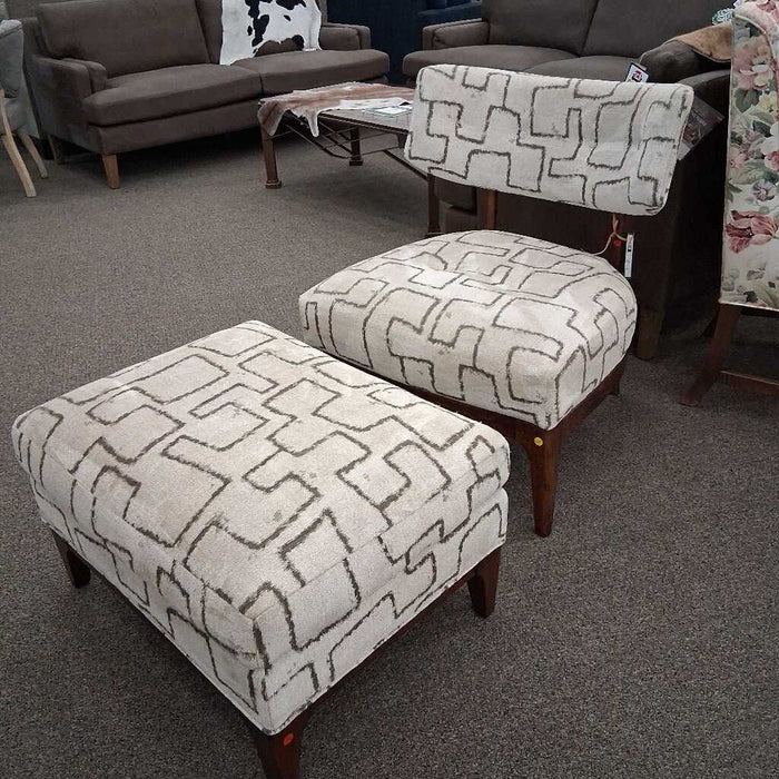 Beige Uph. Wood Arm Chair
