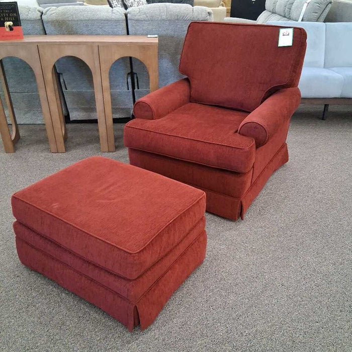 Vintage Red Fabric Chair w/ Ottoman
