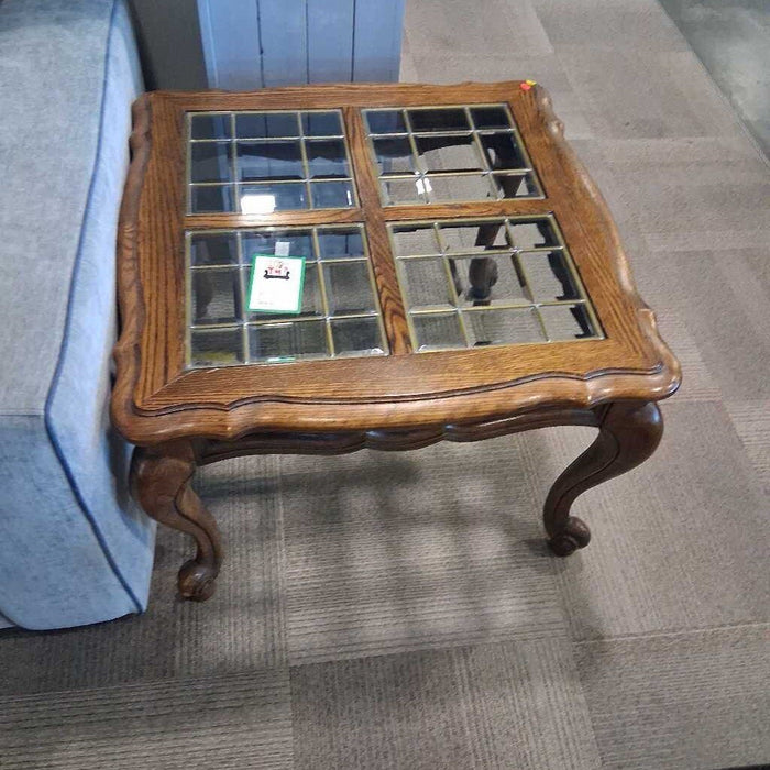 Vintage Oak End Table w/ Glass