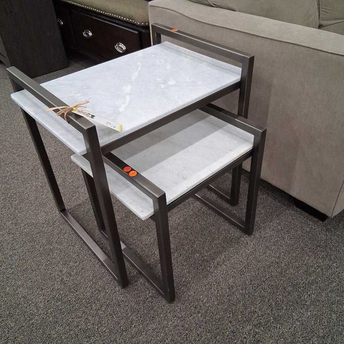 Pair of White Granite Nesting Tables