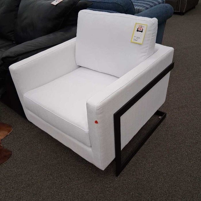 White Fabric & Black Metal Arm Chair