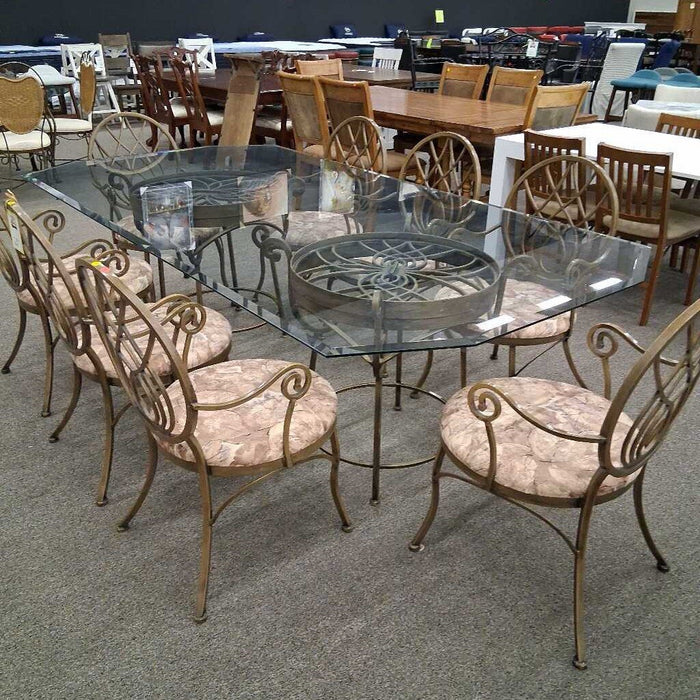 Glass & Brown Metal Table w/ 8 Chairs