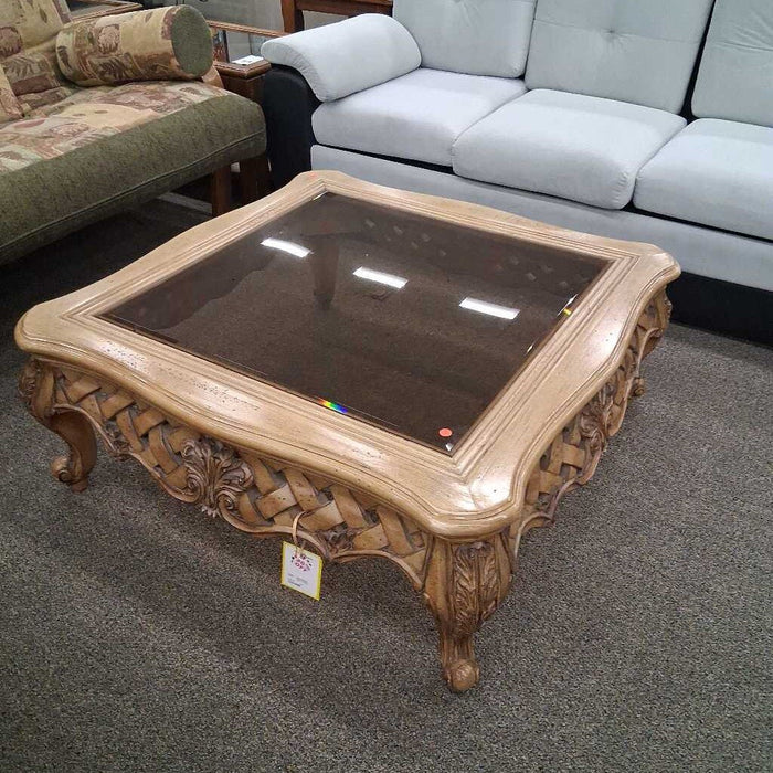 Carved Coffee Table w/ Glass