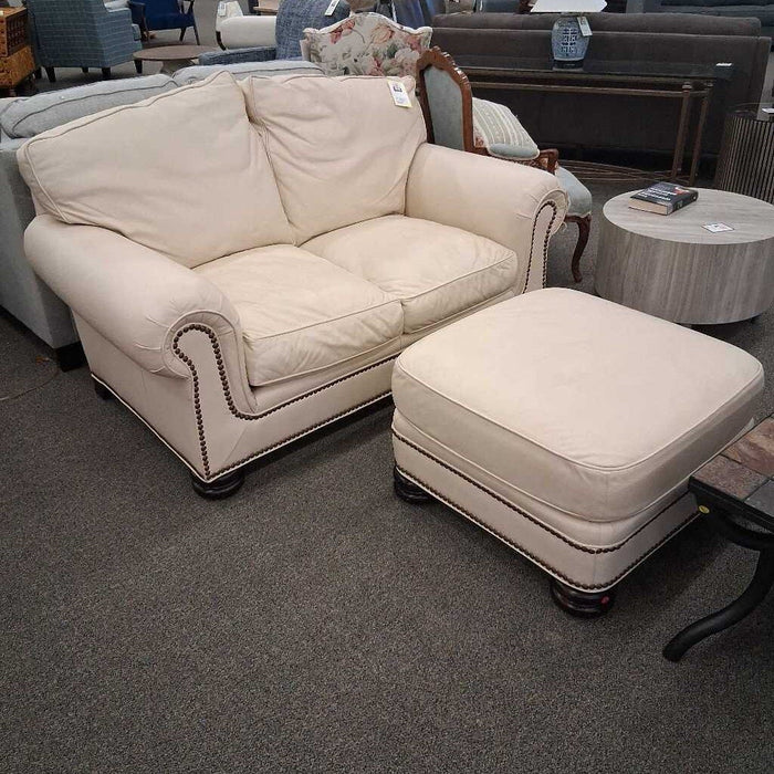 Classic Leather Cream Loveseat w/ Ottoman