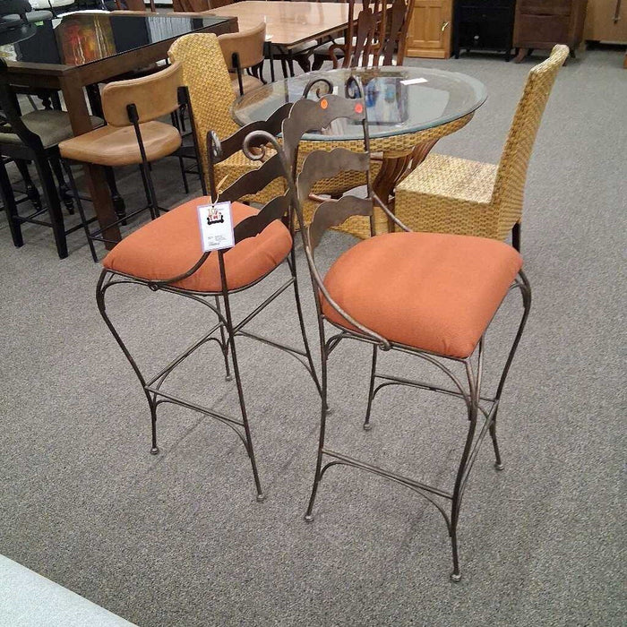 Pair of Iron Barstools with Orange Cushions
