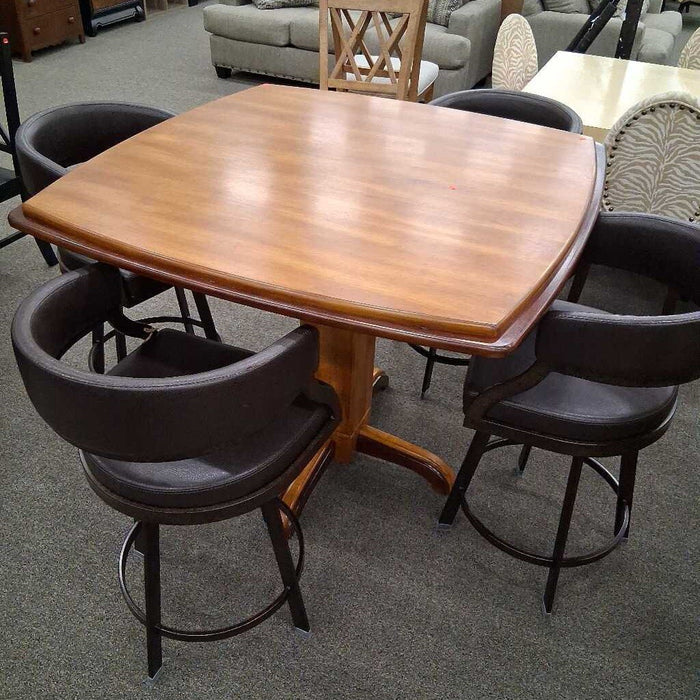 Wooden Pub Table w/ 4 Black Swivel Stools