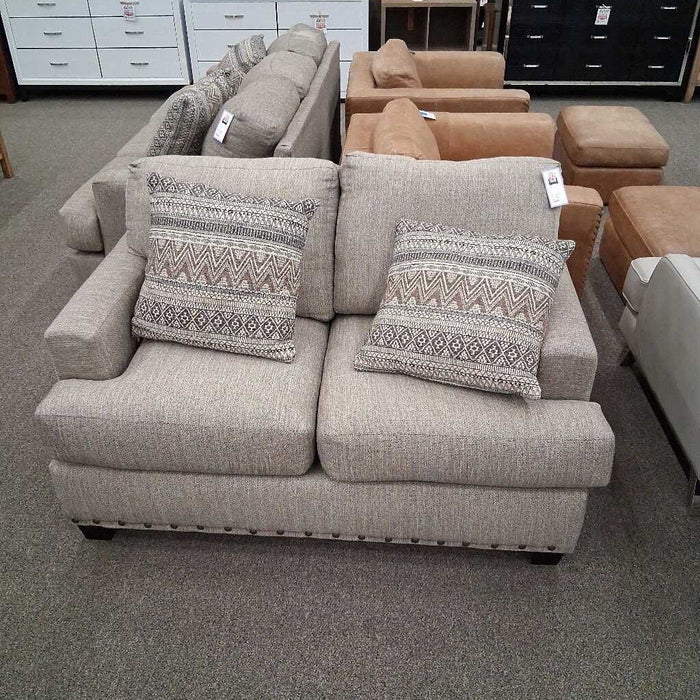 Taupe Uph. Loveseat w/ Nailheads